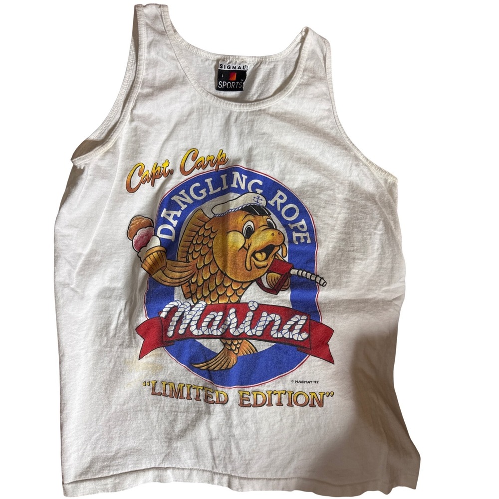 Vintage 1992 Signal Sports Capt Carp Dangling Rope Marina Tank Top White Large